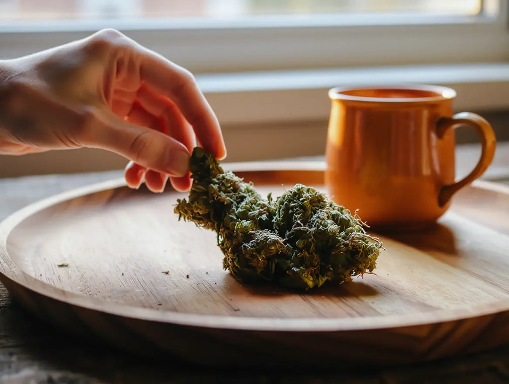 Morceau de chanvre sec sur une assiette en bois, main qui le saisit, tasse orange en arrière-plan près d’une fenêtre.